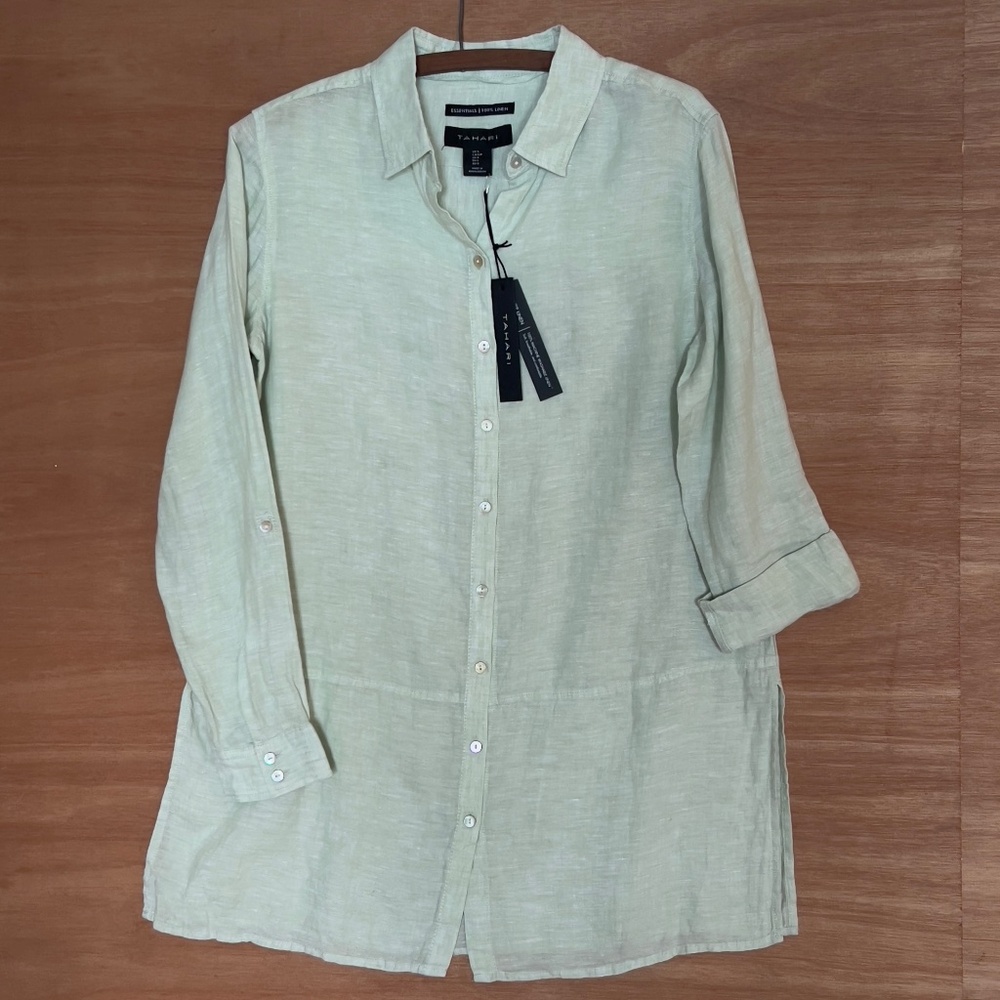 NWT Tahari Essentials 100% luxe linen button up tunic top size S green roll tab